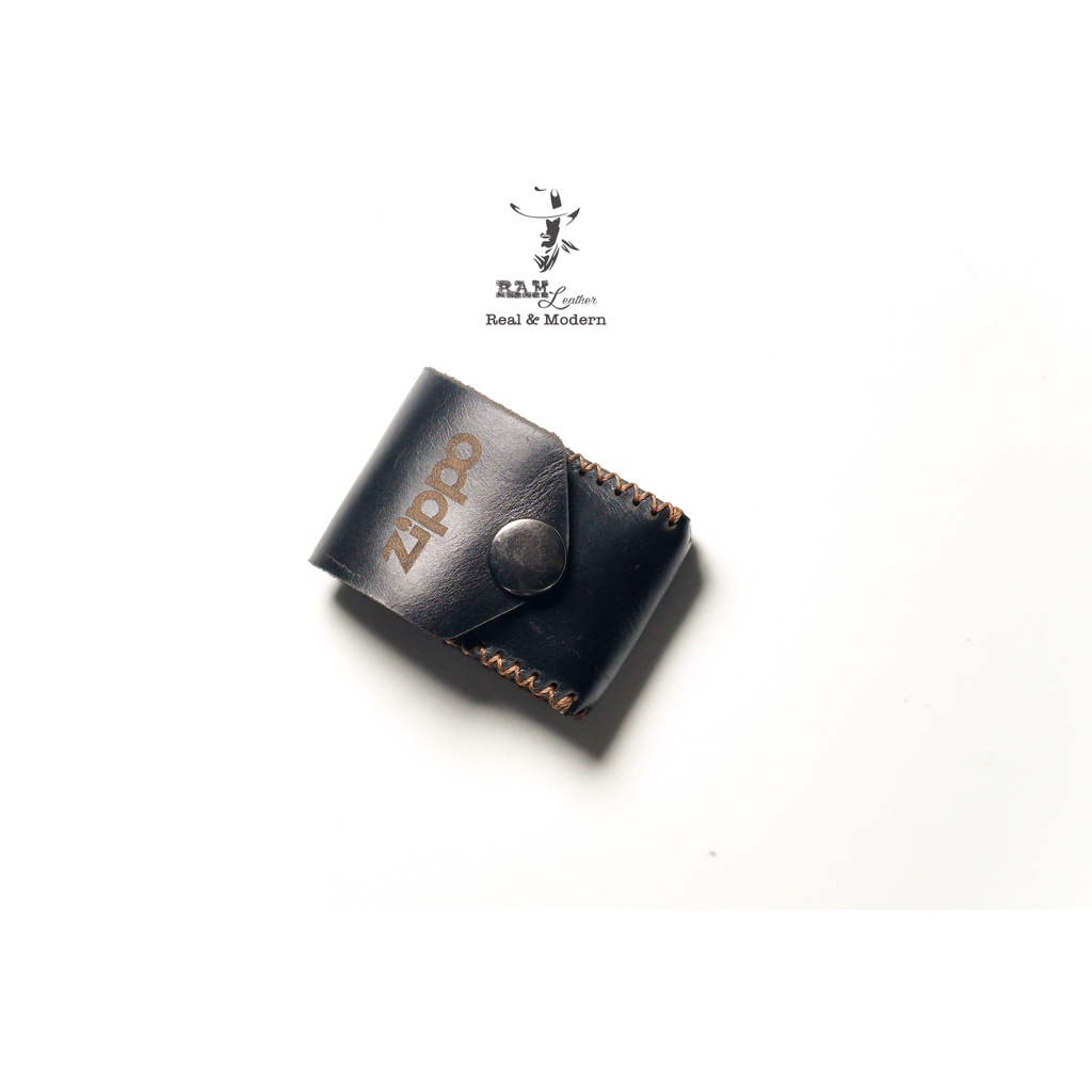 Bao da Zippo Da Bò Thật Màu Đen Bóng - Chính Hãng Ram Leather