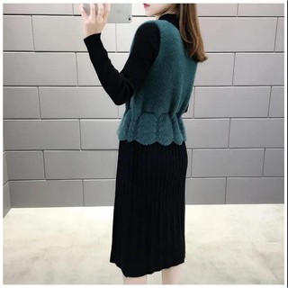 HL Fshion| [Hàng oder] Set váy len đen dài tay+ghile len cổ V đai eo
