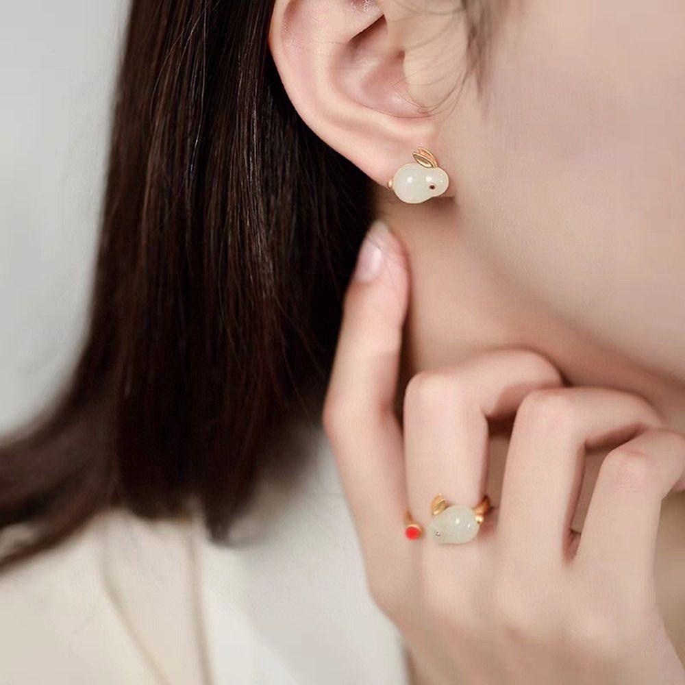 VANES1 Nhẫn Đồng Hình Thỏ Ngọc Bích Phong Cách Dân Tộc Cổ Điển Cho Nữ