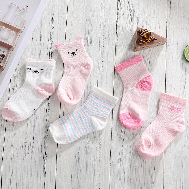 Set 5 đôi tất lưới cổ dài điều hòa chống trượt chất cotton co giãn cho bé TTE12