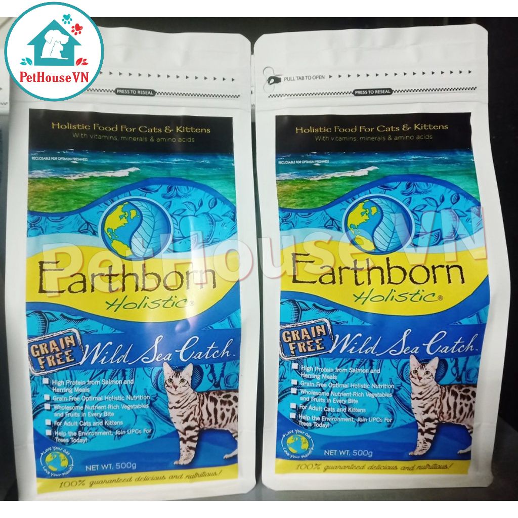 EARTHBORN WILD SEA CATCH - Túi 500G Thức Ăn Hạt Cho Mèo Và Mèo Con Vị Cá Hồi & Cá Trích Hàng Chính Hãng
