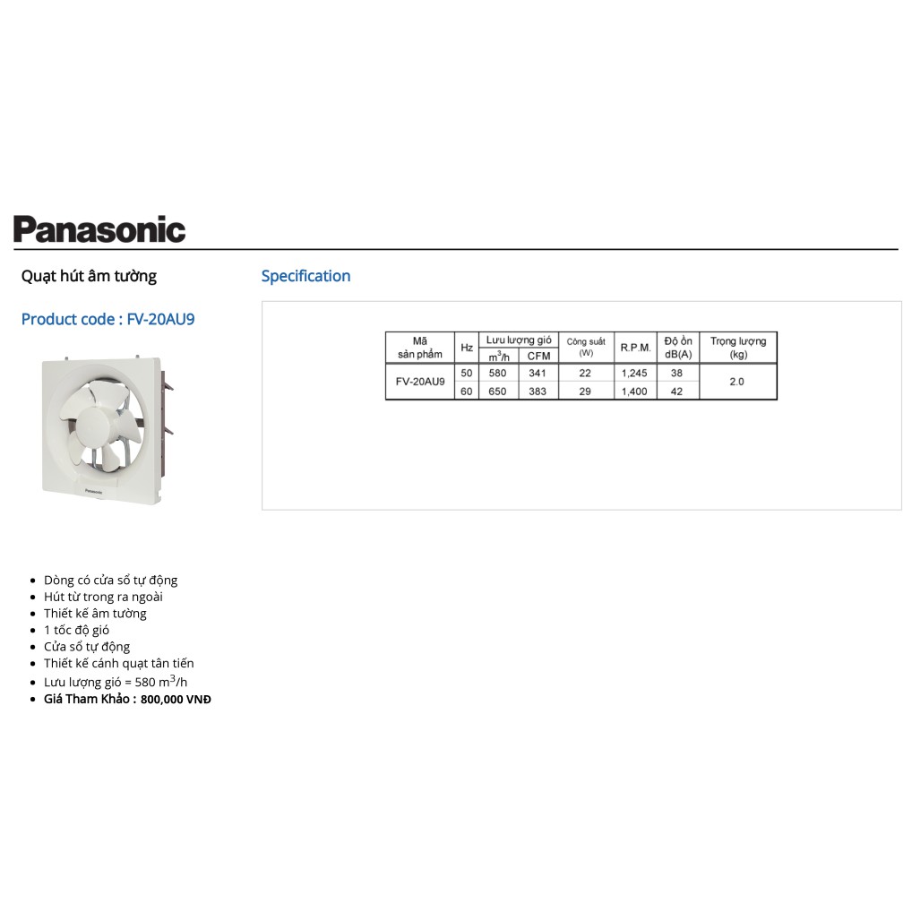 Quạt hút âm tường Panasonic - FV-20AU9