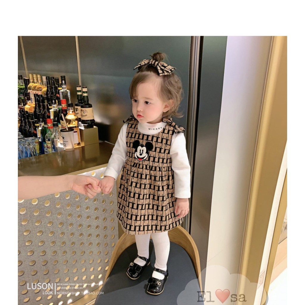 Váy bé gái - Set áo phông trắng kèm yếm Micky siêu xinh cho bé 1-5 Tuổi