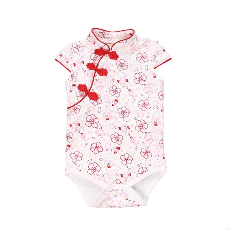 IU Summer Baby Girl Cute Flower Pattern Short Sleeve Romper Chinese Style One-piece Cheongsam Jumopsuit