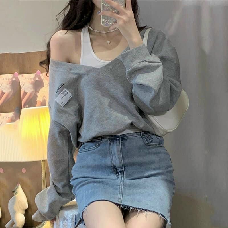 SET ÁO LỆCH PHỐI ÁO 3 LỖ TAY DÀI 2M: ĐEN / XÁM 🥰🥰🥰🥰