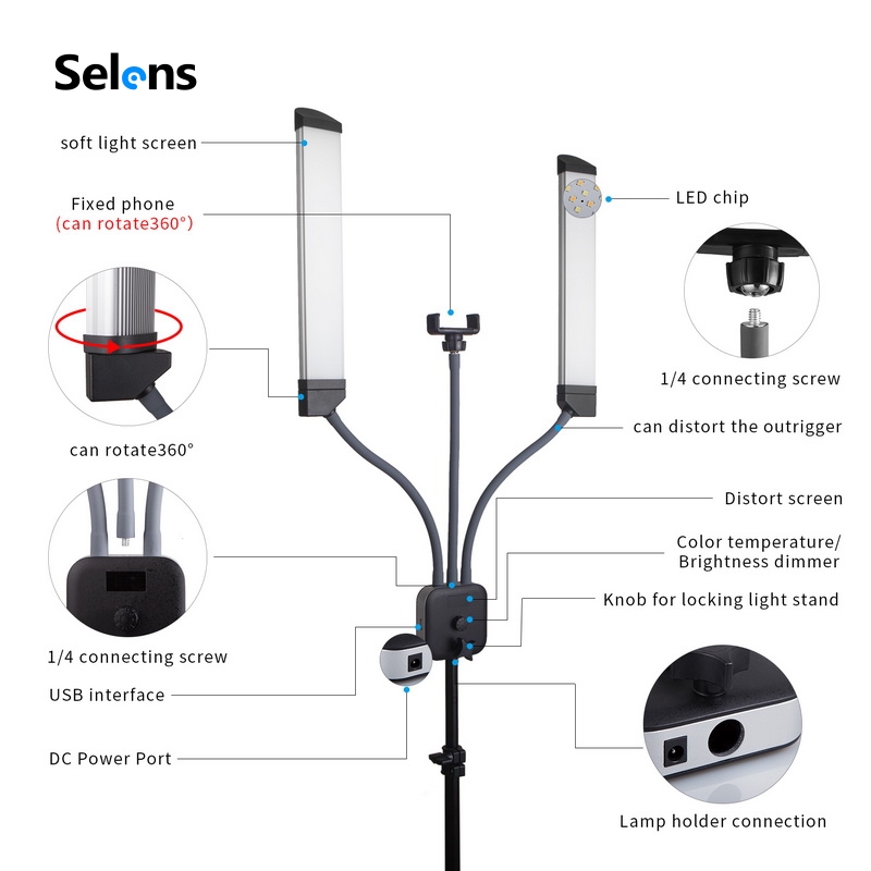 Selens Đèn LED Hai Cánh Tay 3200-5600K Có Chân Tripod Hỗ Trợ Chụp Ảnh