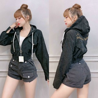 Áo khoác nhung gân nữ lửng thêu chữ lưng