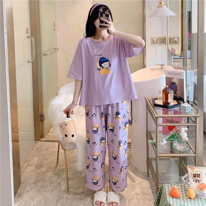 [SẴN] Đồ Bộ Ngủ Thun Quần Dài, Đồ Mặc Nhà Hàng Quảng Châu, Pijama Hoạt Hình Cô gái cực yêu