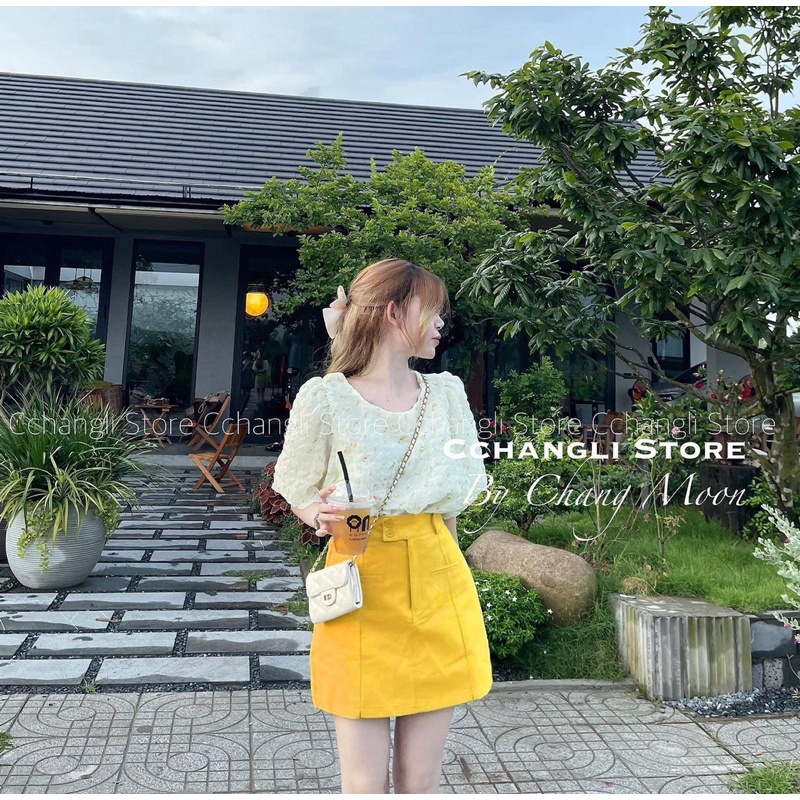 SET ÁO HOA VÀNG BÔNG NỔI MIX CHÂN VÁY KAKI