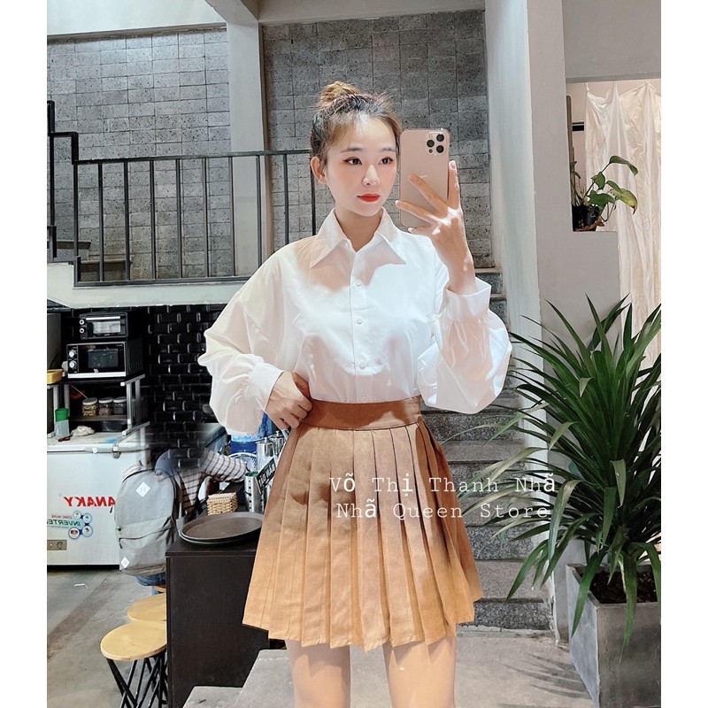 SET 3 MÓN ĐẦM SMI TRẮNG PHỐI CHÂN NÂU XẾP LI + ÁO GILE NÂU VIỀN
