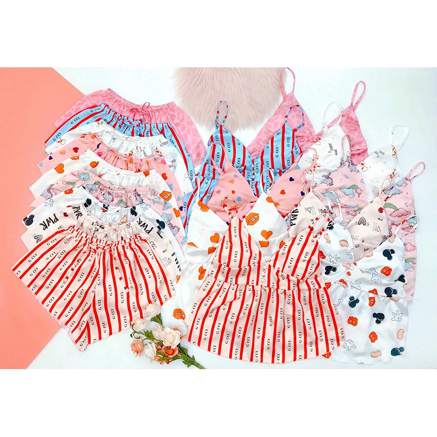 Đồ Ngủ Lụa Satin Họa Tiết Áo Dây Quần Cộc Freesize | BigBuy360 - bigbuy360.vn