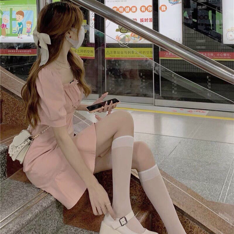 [ Miễn phí ship 2022 ] Đầm hồng cổ vuông nhún ngực, đầm tay búp đuôi cá phong cách hàn quốc cực dễ thương