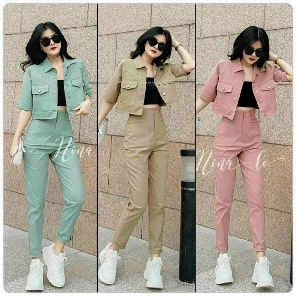 Sét bộ cá tính ống tay áo lửng quần dài 3 màu xanh nâu nhạt và hồng nhạt mặc trẻ trung cá tính