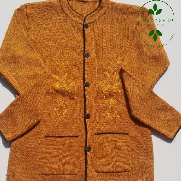Áo Len Thêu Hoa Mai Cài Cúc Cho Bà Chất Len Mỏng