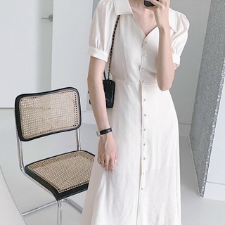 Đầm sơ mi trắng viền chỉ đen (kèm hình thật)