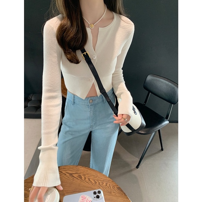 QKOOLE Áo Croptop Dệt Kim Tay Dài Cổ Tròn Kiểu Hàn Quốc Dễ Thương Cho Nữ áo khoác