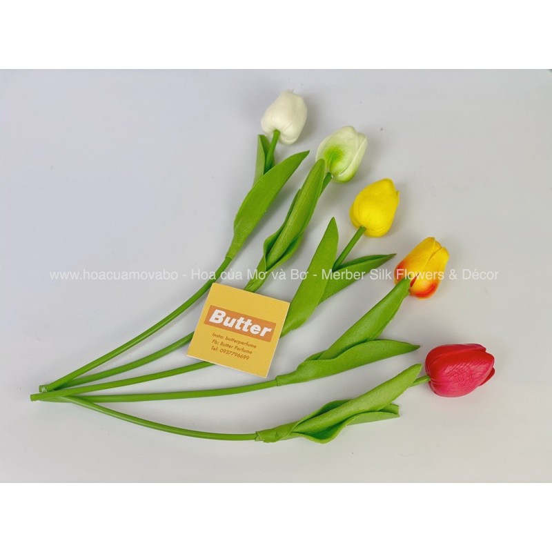 Hoa Lụa Tulip Lá Thẳng Nhiều Màu Merber (Mơ & Bơ) BôngTulip Giả Cao Cấp Decor Trang Trí Trong Nhà, Phòng Khách, Để Bàn