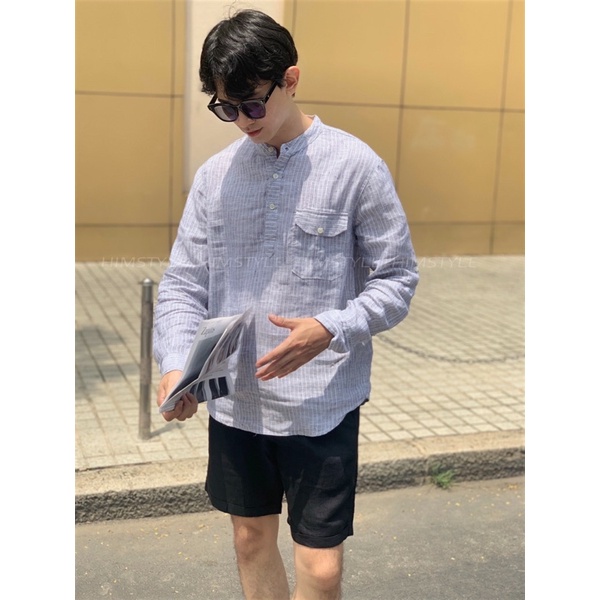 Áo Sơ Mi Nam Cổ Trụ Tay Dài Linen Tưng Sọc