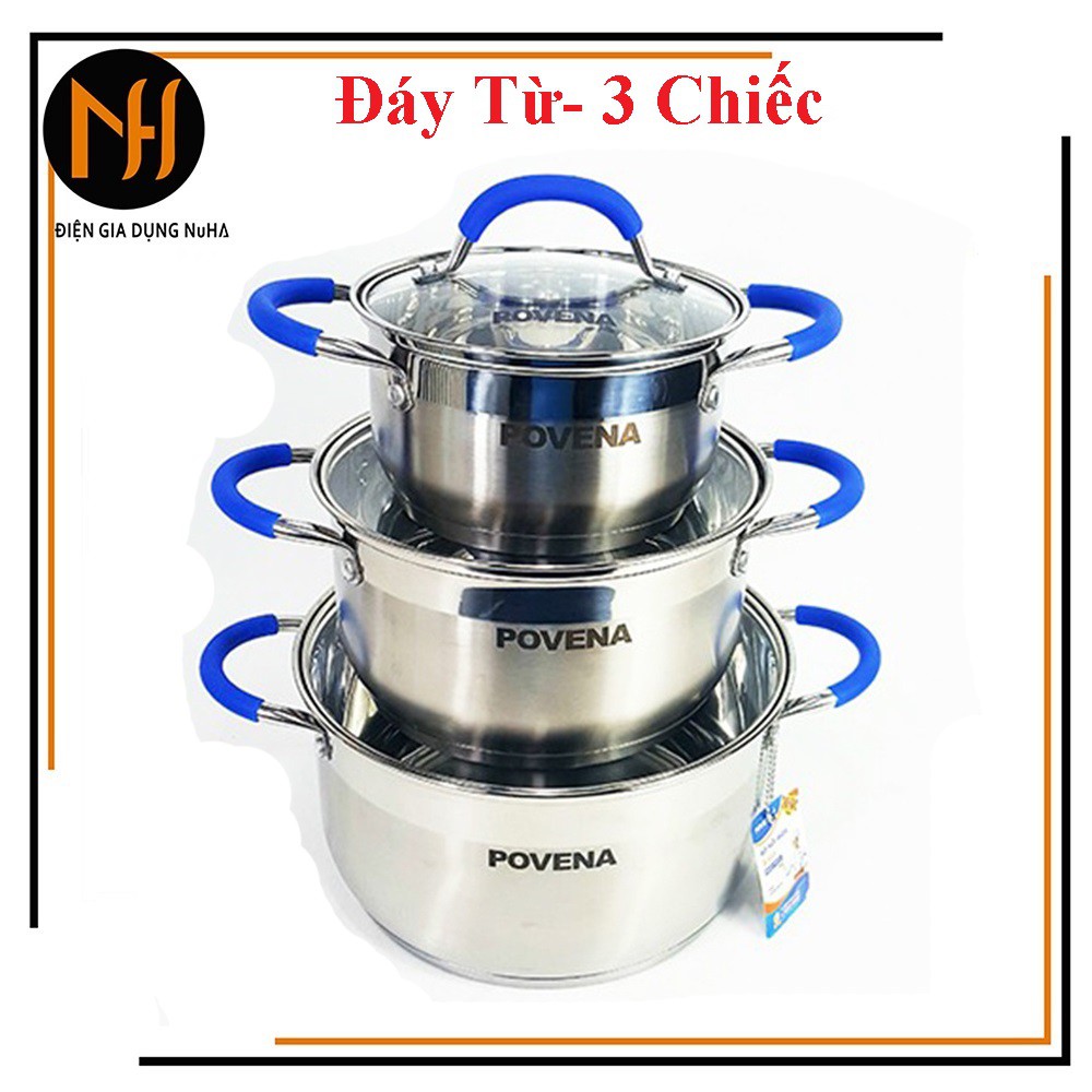 Bộ 3 nồi 5 đáy inox Povena PVN-C5 không bị nổi đáy, dùng được trên bếp ga, bếp hồng ngoại, bếp từ