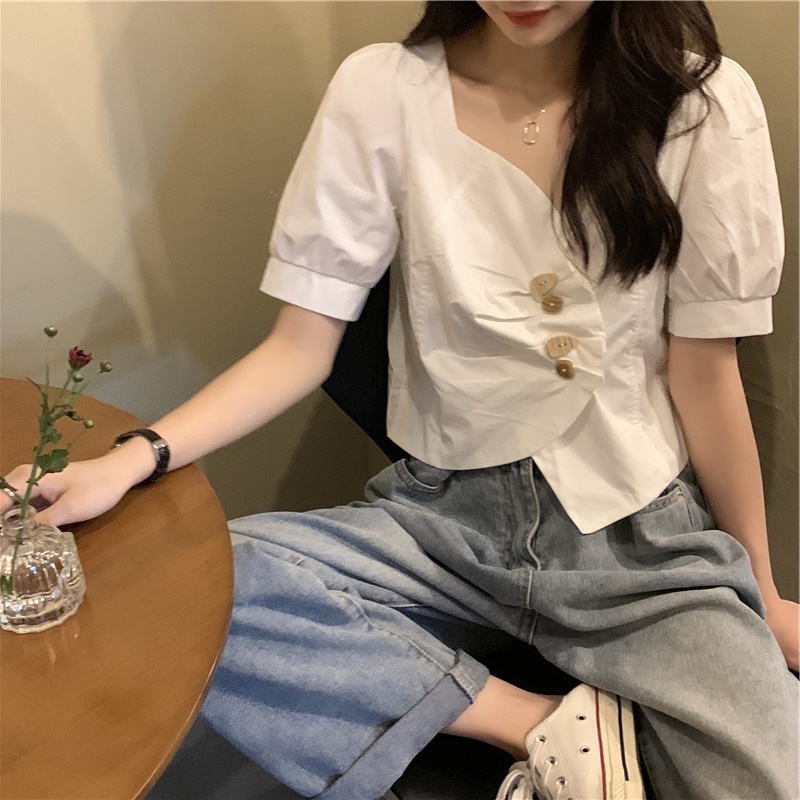 SUXI Áo kiểu tay ngắn cổ chữ v thiết kế lệch tà thời trang mùa hè xinh xắn dành cho nữ