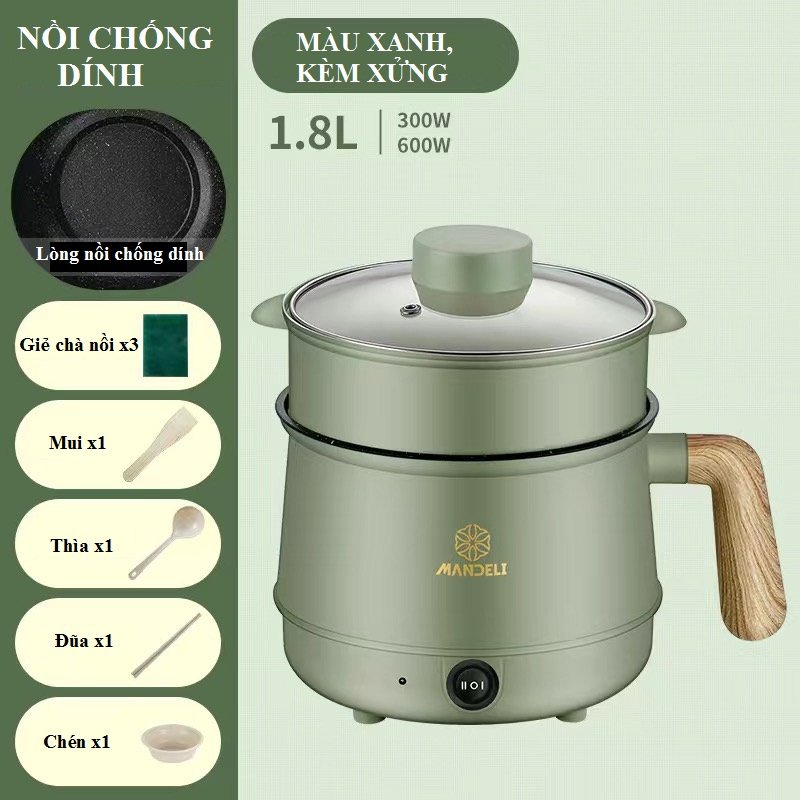 [Clip Tự Quay] Nồi Lẩu Điện đa năng tay cầm gỗ cách nhiệt- 8 chức năng dung tích 1.8l- Bảo hành 6 tháng