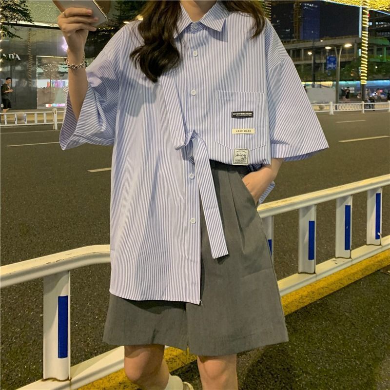 Áo Sơ Mi Tay Ngắn Dáng Rộng Họa Tiết Kẻ Sọc Thời Trang Hàn Quốc Cho Nữ