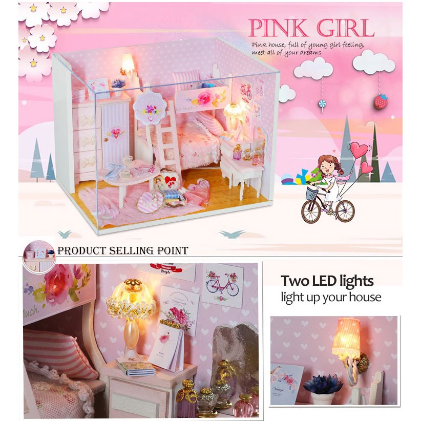 Nhà búp bê có đèn  Led PINK GIRL tặng kèm mica che bụi và dụng cụ lắp ráp