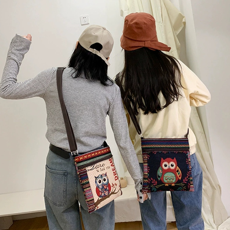 Túi Vải Canvas Đeo Chéo Một Bên Vai Thêu Họa Tiết Dân Tộc Nhỏ Xinh
