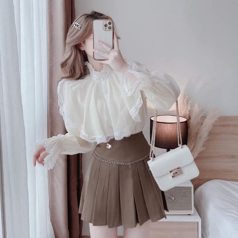 Áo Sơ Mi Kiểu Ms.0559 Áo Sơ Mi Thiết Kế Cổ Bèo Hai Tầng Phối Zen Chất Tơ, Dáng Suông Tay Dài
