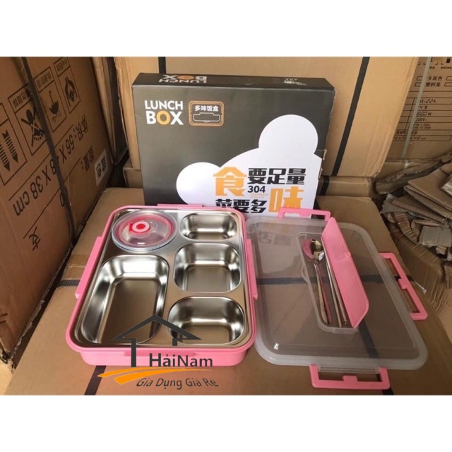Hộp Cơm Văn Phòng Khay Inox 5 Ngăn Có Bát Để Canh Bọc Nhựa Bên Ngoài - Có Giá Điện Thoại Tặng Thìa Đũa Inox Cao Cấp