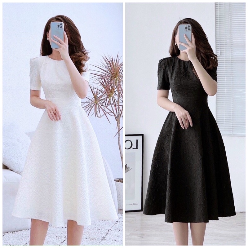 Đầm Trắng Công Sở Gấm Xốp Tyfashion Xòe Cổ Tròn S M L XL