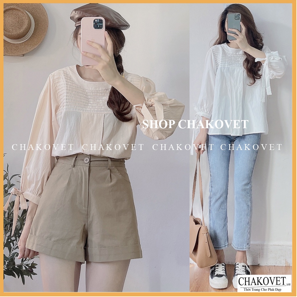 Áo sơ mi nữ tay lỡ trắng be CKA874, kiểu áo nữ thiết kế tay phồng thắt nơ cổ tròn xếp ly thời trang hàn quốc sang trọng
