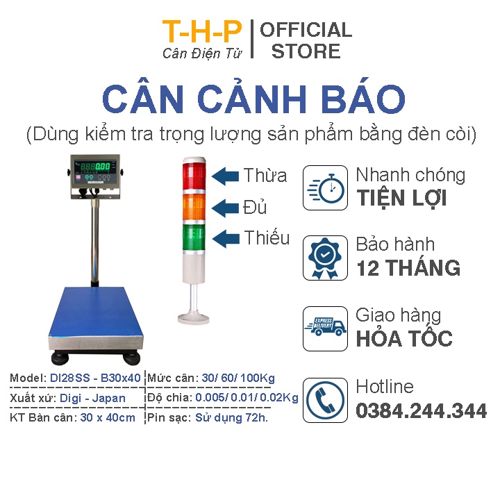 Cân bàn kiểm tra trọng lượng DI28SS 30kg/ 60kg/ 100kg với đèn cảnh báo 3 tầng, KT mặt bàn 30x40cm