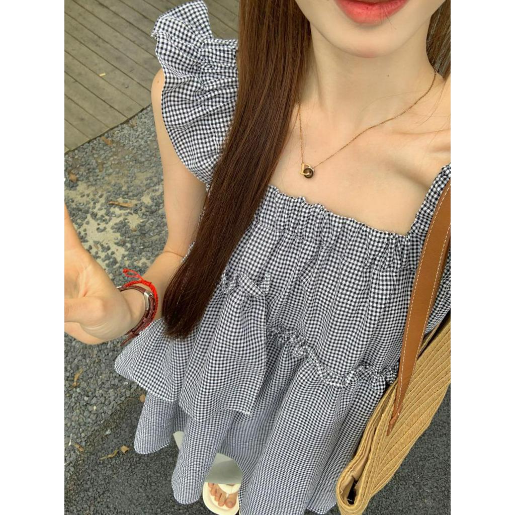 Áo Ống Không Tay Dáng Rộng Họa Tiết Sọc Caro Dễ Thương 63676