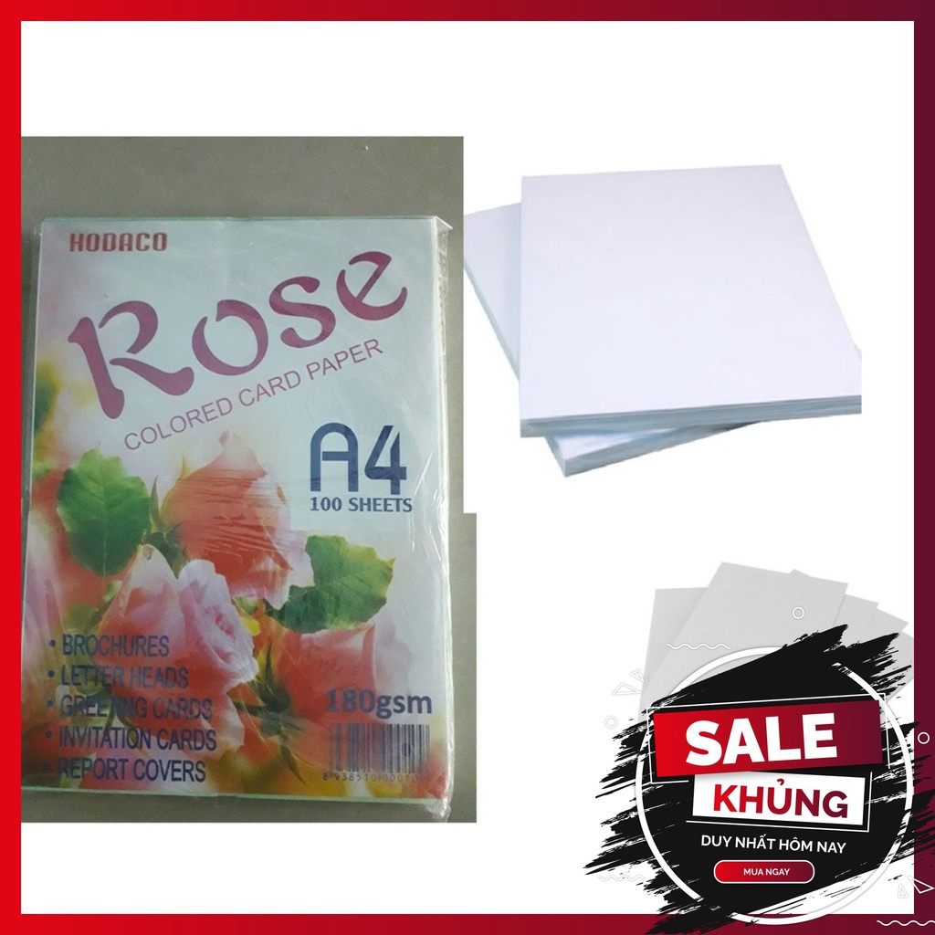 Giấy bìa cứng A4 màu trắng 180 gsm, giấy bìa a4 Thái ROSE 180gsm (100 tờ)