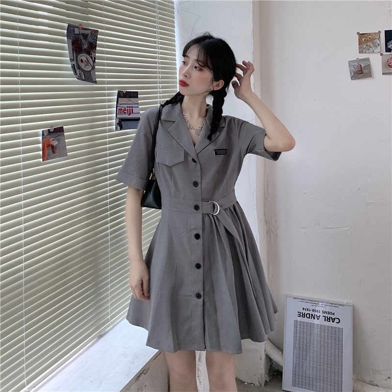 COZOK Đầm Tay Ngắn Cổ Vest Thiết Kế Đơn Giản Hợp Thời Trang