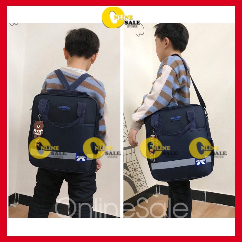 Túi xách cặp học thêm 2 kiểu đeo chéo hoặc balo tiểu học cho bé trai bé gái KT 33x29x10cm- Tặng kèm móc gấu