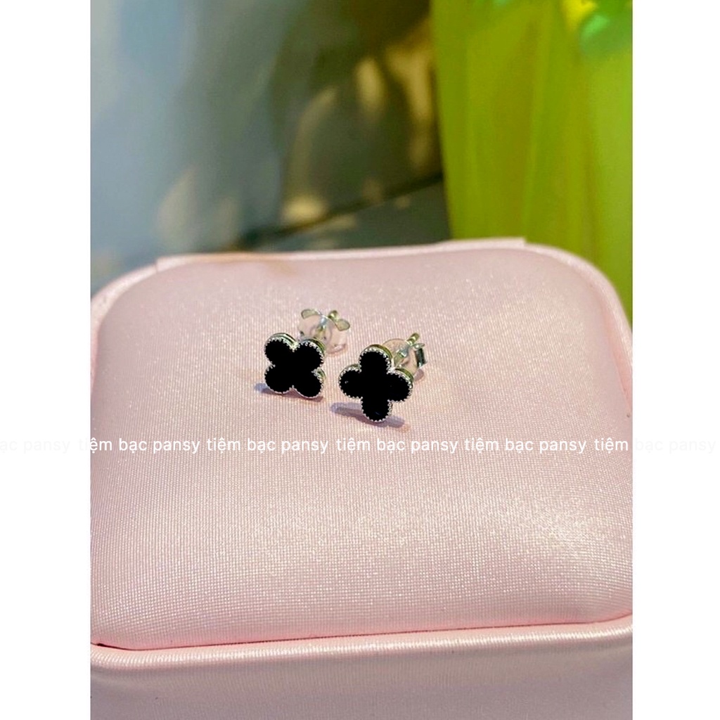 Bông tai bạc nữ PANSY kiểu dáng cỏ 4 lá may mắn sơn đen - Khuyên tai bạc ta cao cấp