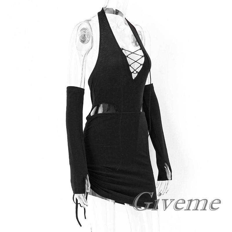 G GIVEME Bộ Áo Liền Quần Cổ Chữ V Khoét Rỗng Buộc Dây Phối Chân Váy Xếp Nếp Tay Ngón Cái Cho Nữ