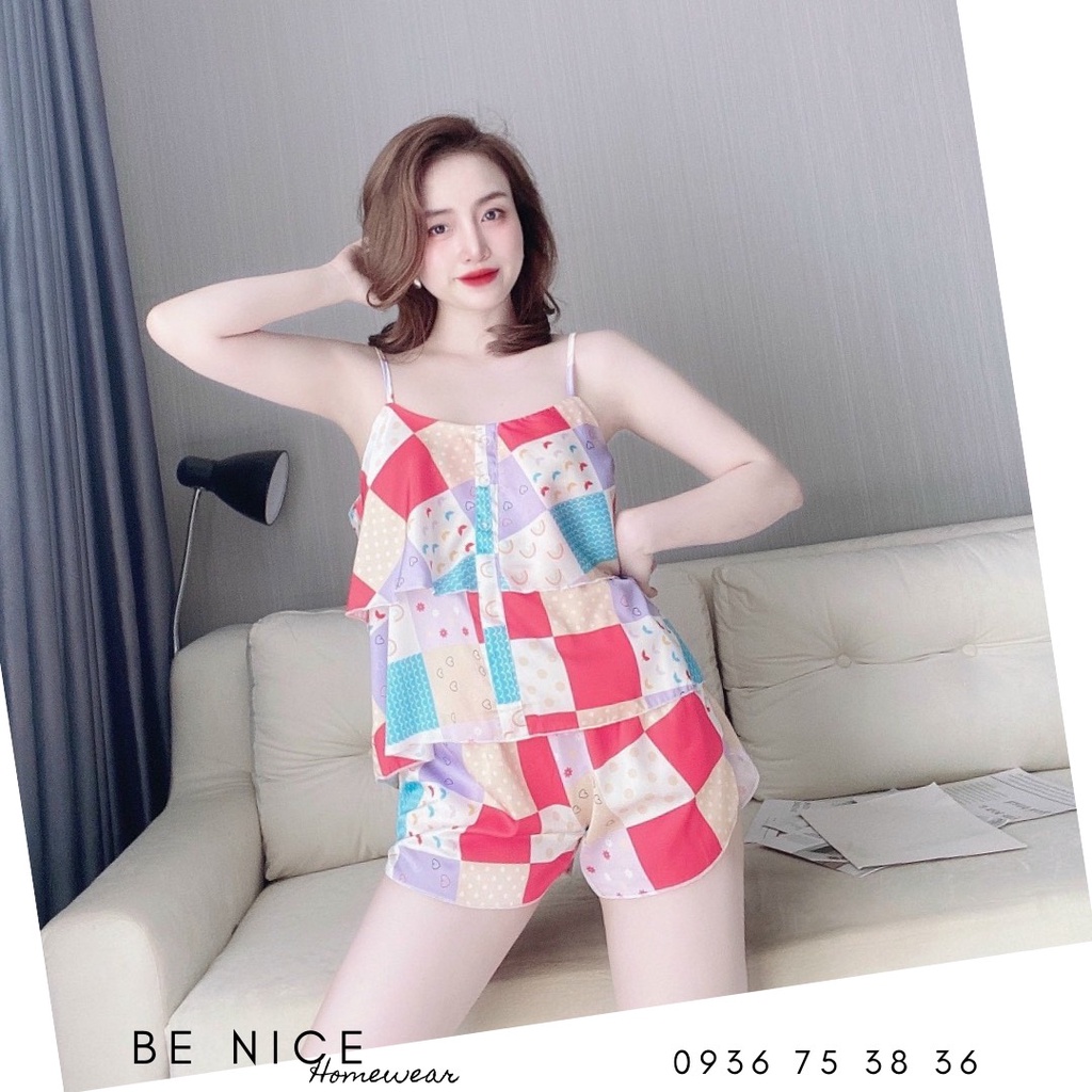 Set short lụa dây tầng mặc nhà họa tiết xinh xắn cho nàng nhà Be Nice Homewear