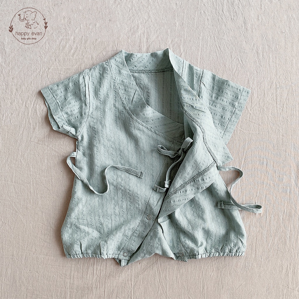 🅷.🄴🅅🄰🄽 Áo liền thân vạt chéo cotton cho bé trai bé gái, cổ Nhật thắt dây, vải mát nhẹ phù hợp mùa hè.