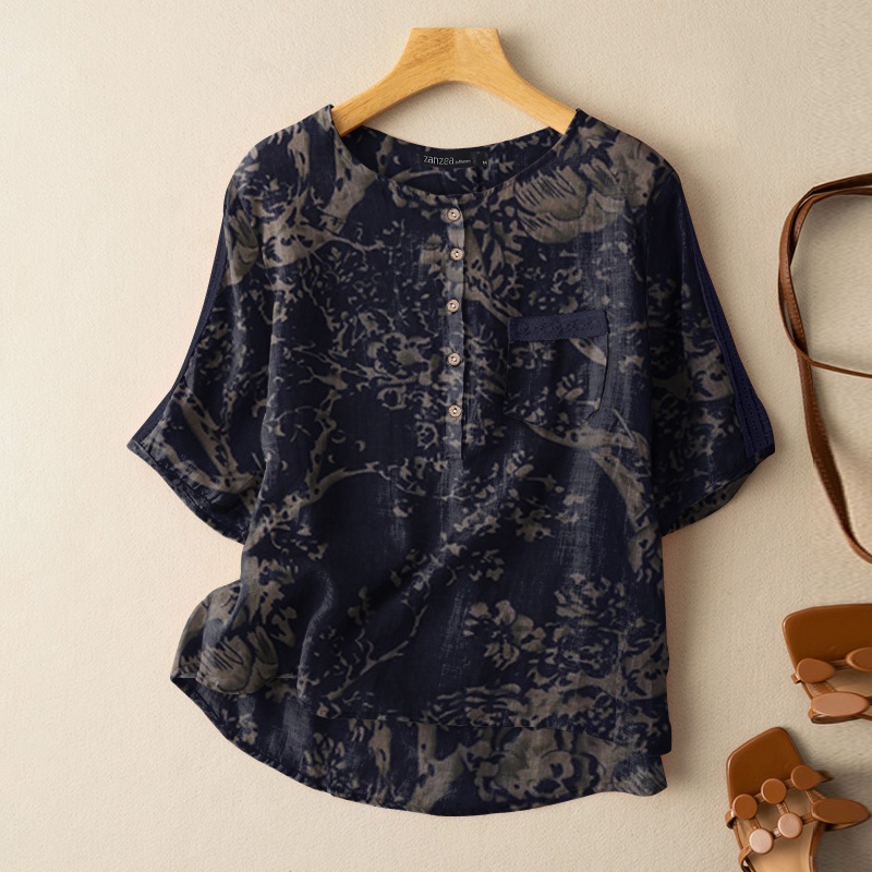 Áo kiểu Zanzea tay lửng cổ tròn in họa tiết thời trang cho nữ