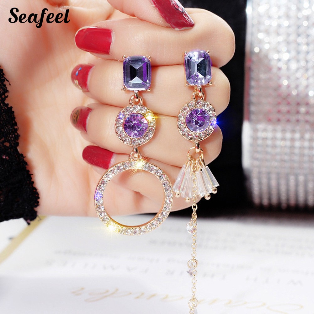 SF Rhinestone Geometric Circle  Dangle Long Asymmetric Stud Earrings Jewelry