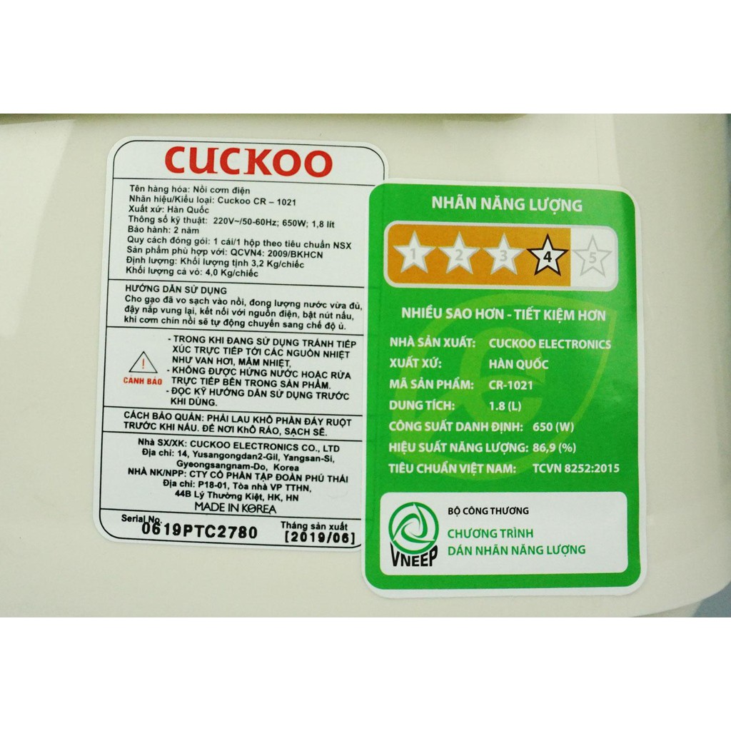 [Mã ELHADEV giảm 4% đơn 300K] Nồi cơm điện Cuckoo 1.8 lít CR1021 nhập khẩu Hàn Quốc