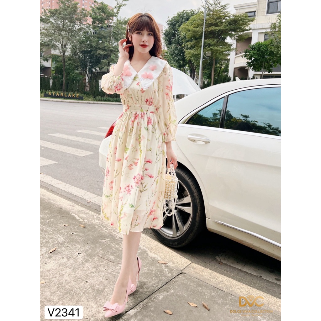 Váy hoa cổ phối trắng đính nơ V2341 - DOLCE VIVA COLLECTION