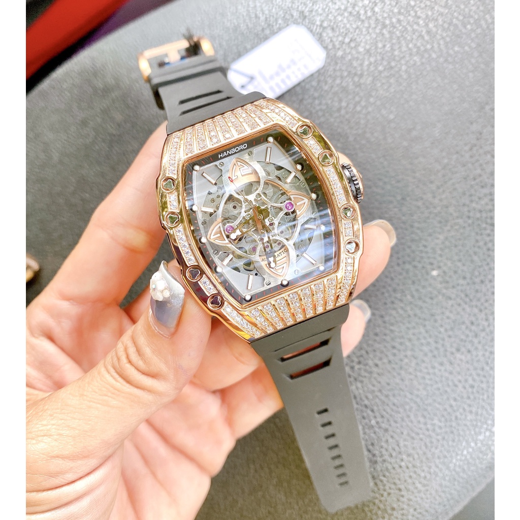 Có Video Cặp Đôi - Đồng Hồ Nữ Nam Hanboro Automatic Rose Gold Black , Dây Cao Su , Size 36mm/48mm