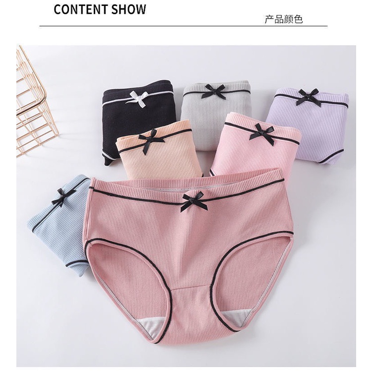 Quần Lót Cotton Tăm Viền Kẻ Phối Nơ
