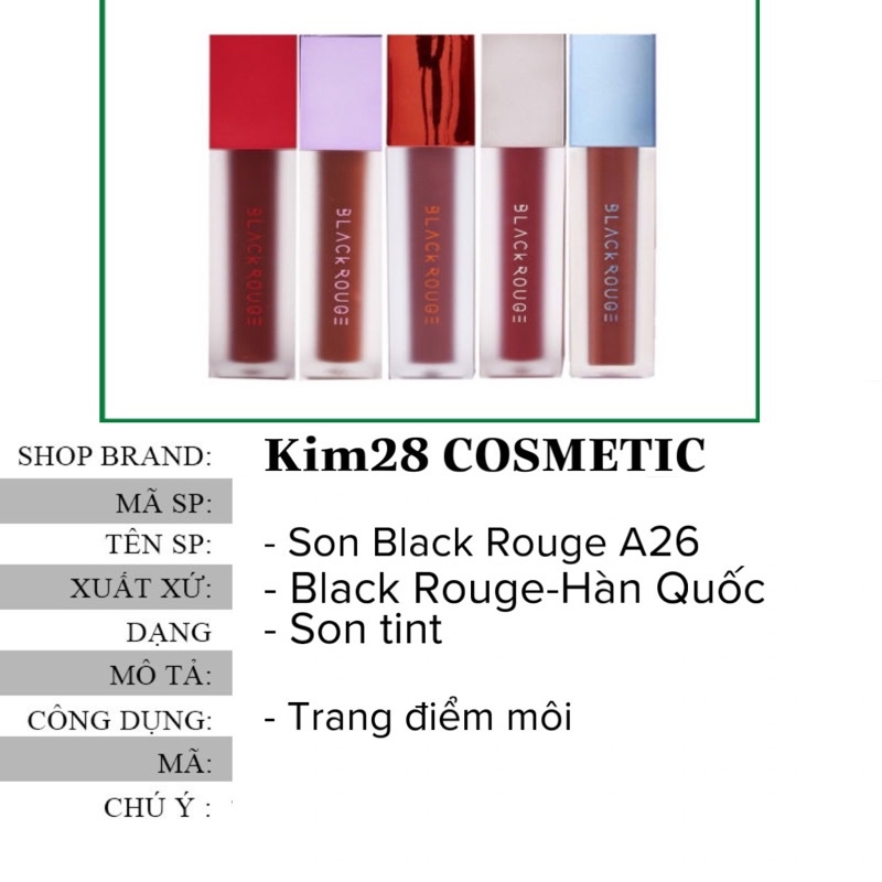 (100%Auth)Son Black Rouge Airfit Velvet ver5 màu A26