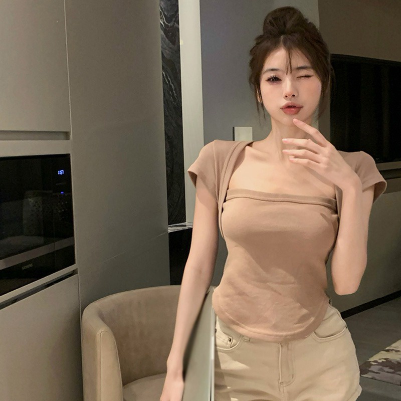 Áo Thun Croptop Cổ Vuông Tay Ngắn Màu Trơn Phong Cách Thời Trang Hàn Quốc Dành Cho Nữ
