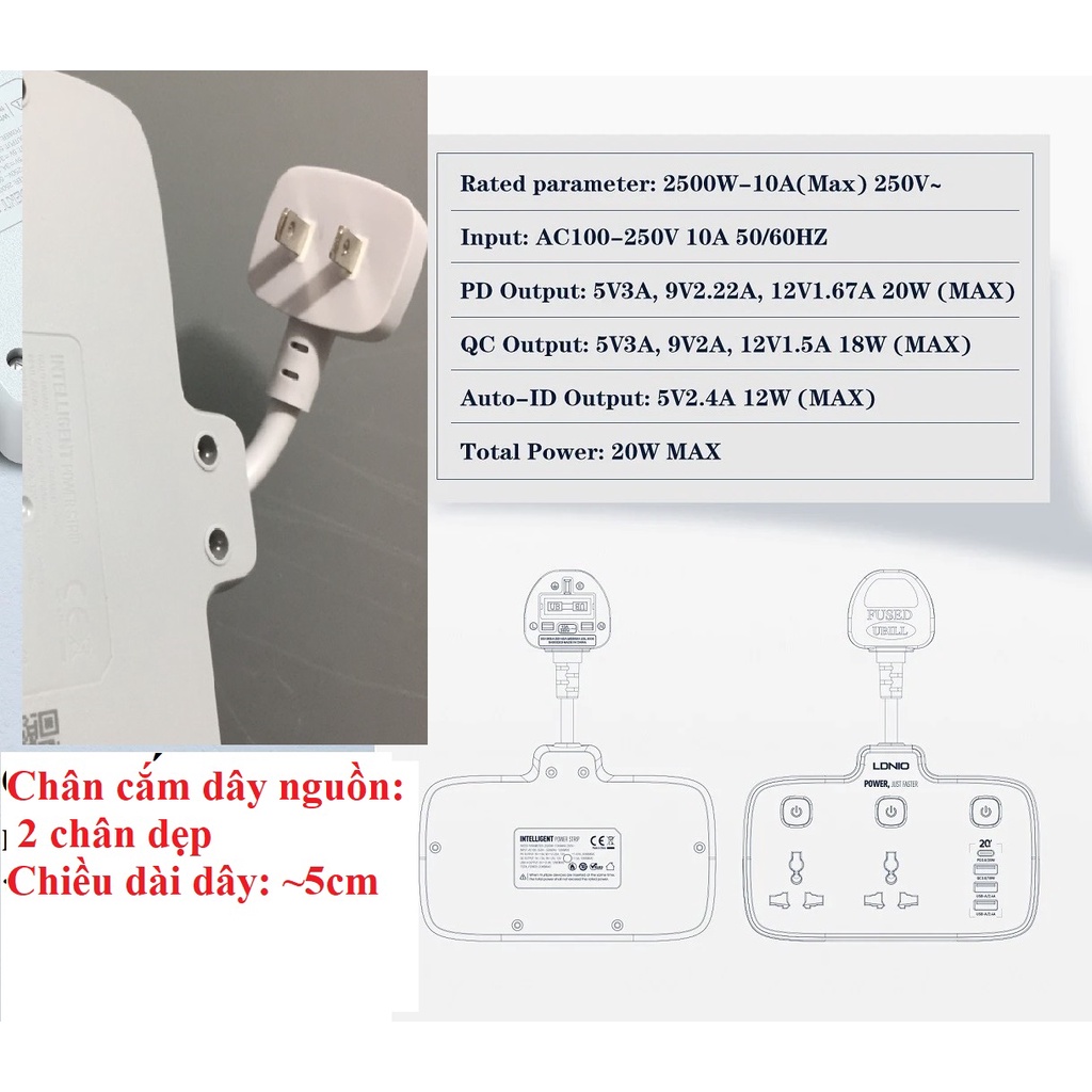 Ổ cắm đa năng 2500W hỗ trợ sạc nhanh QC18W PD20W tích hợp công tắc nguồn riêng LDNIO SC2413